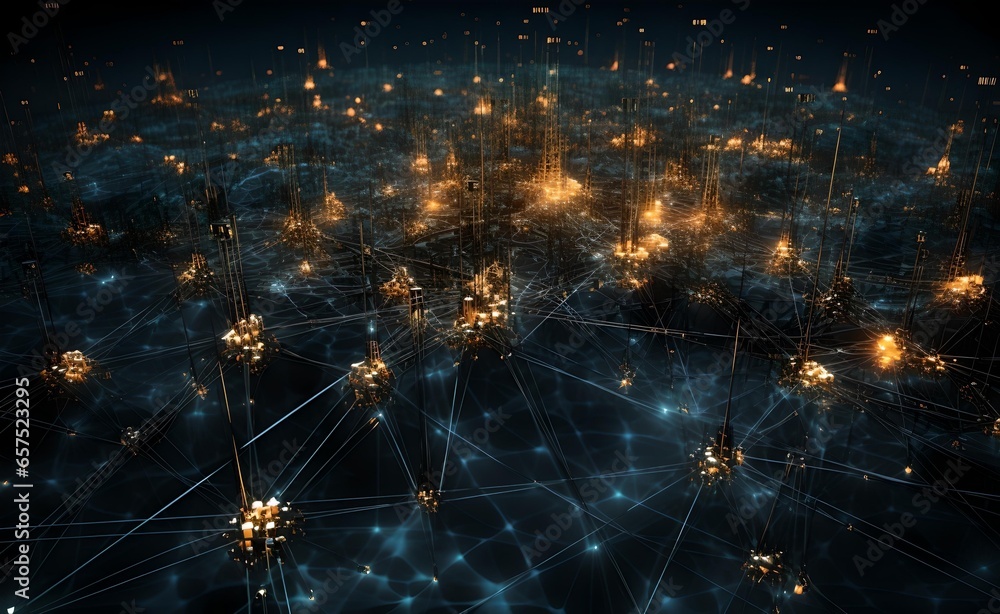 Poster complex network of artificial intelligence machine learning modern background.