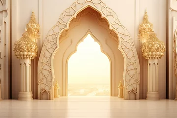 Foto op Plexiglas Ramadan kareem or eid al fitr, background with golden arch, with golden arabic pattern, background for holy month of muslim community Ramadan Kareem © Rangga Bimantara