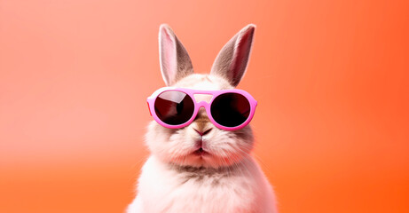 Easter rabbit bunny with pink sunglasses, studio lighting, orange background - obrazy, fototapety, plakaty