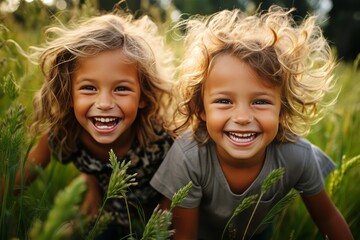 Happy children playing on green grass in spring park - obrazy, fototapety, plakaty