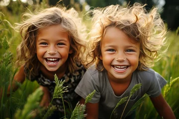 Fototapeten Happy children playing on green grass in spring park © Soffee