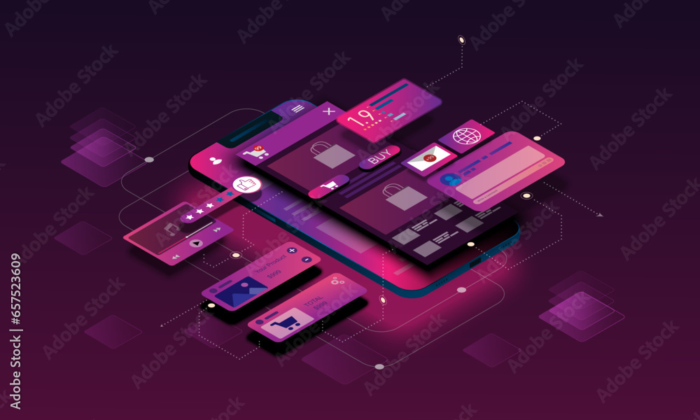 Aufkleber abstract background image of technology communication network on smartphone with online market tradi