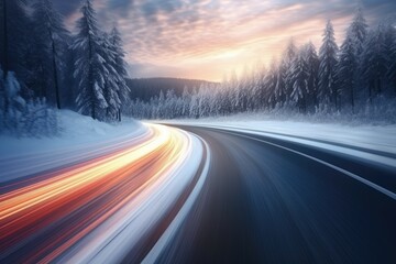 Fototapeta premium Winter snowy wet road in the snowing winter season with lights. Generative Ai.