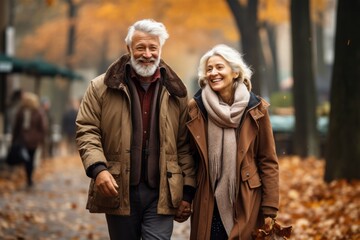 In love and happy senior couple walking in a autumn park and enjoying together