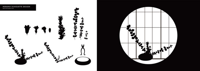 Collection of silhouette design vector illustrations of ikebana and flowers. Sophisticated style, Japanese culture. Monotone,生花,華道,シルエットアート,モノトーン,おしゃれ