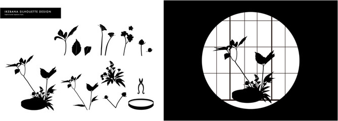 Collection of silhouette design vector illustrations of ikebana and flowers. Sophisticated style, Japanese culture. Monotone,生花,華道,シルエットアート,モノトーン,おしゃれ