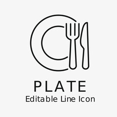 Plate, knife and fork editable stroke outline icon isolated on white background flat vector illustration. - 657524859