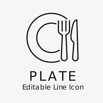 Plate, knife and fork editable stroke outline icon isolated on white background flat vector illustration.