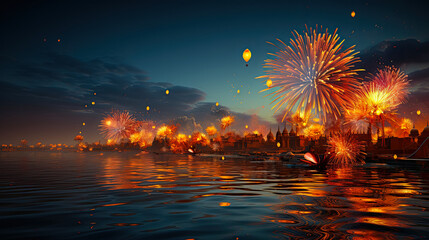 Fireworks and festive lights over river for Diwali, traditional festival of lights, Hindu holiday - obrazy, fototapety, plakaty