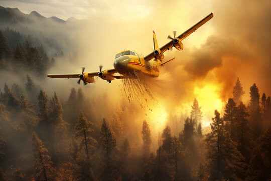 fire fighter plane dropping water on forest fire 