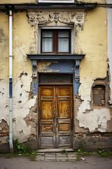 Fototapeta na wymiar Old cracked or grungy house with brocken doors and windows. Urban background