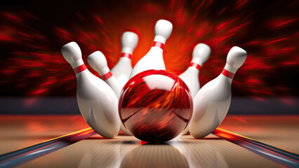 Picture of bowling ball hitting pins scoring a strike. Bowling background. Bowling 3D
