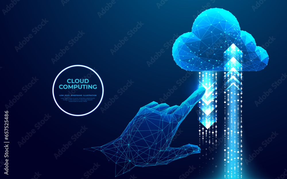 Aufkleber Abstract hand touching on cloud computing icon with arrows up and down. Digital polygonal cloud storage concept. Technology low poly wireframe vector illustration in futuristic blue hologram style.