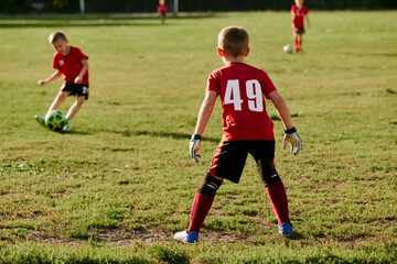 Obraz premium Rear view portrait of goalkeeper, kid prepare to catch ball from kicking boy, striker. Playing football on the sports field. Children's team games.