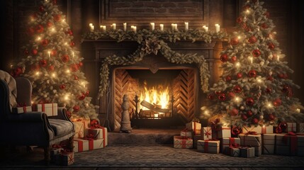 Photo of a festive fireplace adorned with Christmas presents and glowing candles - obrazy, fototapety, plakaty