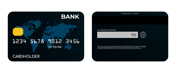 Front and back sides of debit or credit bank card with world map, vector illustration. - 657526206
