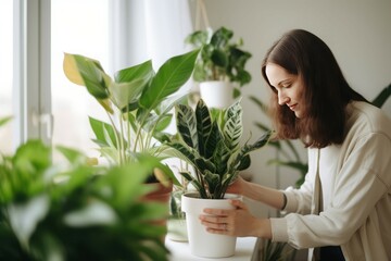 Woman leaf potted houseplant plant. Home interior. Generate Ai