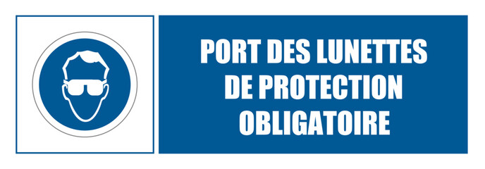 Fototapeta na wymiar Lunette de protection Affiche signalisation entreprise fond bleu EPI équipement de sécurité 