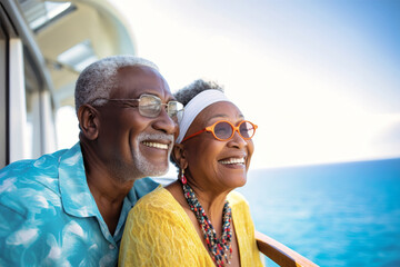 Obraz premium An elderly dark-skinned couple on the deck of a ship or liner against the backdrop of the sea. Happy and smiling people. Travel on a sea liner. Love and romance of older people