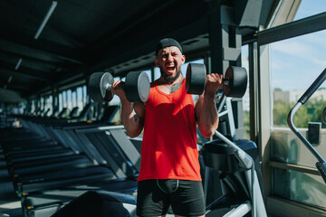 An American sportsman, fully engaged in her workout, lifts heavy dumbbells. Focused Athlete Caucasian man Dumbbell Training in Gym - Powered by Adobe