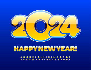 Vector bright wish card Happy New Year 2024! Yellow and Blue Font. Glossy Alphabet Letters and Number set.
