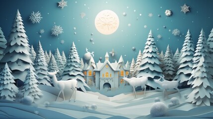 Photo of a winter wonderland with a cozy house and majestic deer in a snowy landscape - obrazy, fototapety, plakaty