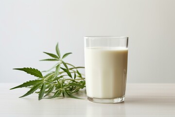 Plant-based hemp milk placed on a clean white table. Generative AI