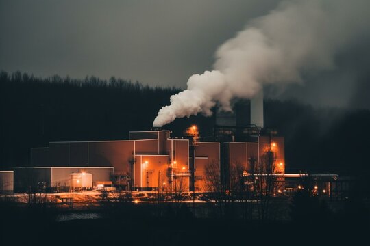 Industrial facility emitting heavy orange smoke, polluting the air against a smoky gray background. Generative AI