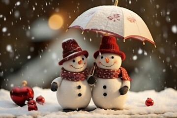 Christmas card with snowmen holding an umbrella in the snow, decorative paintings, with empty copy space Generative AI