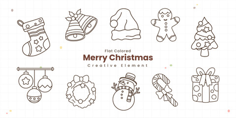 Set of Cute Merry Christmas Element Supplies Doodle Line Style Collection. Christmas Festive Decoration Winter Holiday Season. Winter Season Outline Style Illustration