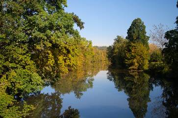 Trees slowly turning yellow in autumn are reflected in a calm river. The sky is blue and is also reflected in the water.