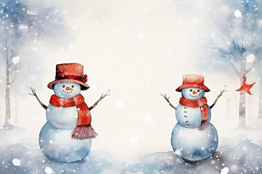 Christmas card with snowmen holding an umbrella in the snow, decorative paintings, with empty copy space Generative AI