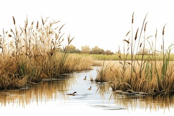 Illustration of vegetation in wetland featuring sedge, reed, cane, and bulrush. Generative AI
