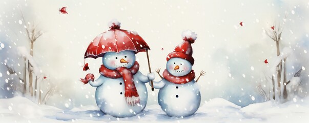 Christmas card with snowmen holding an umbrella in the snow, decorative paintings, with empty copy space Generative AI