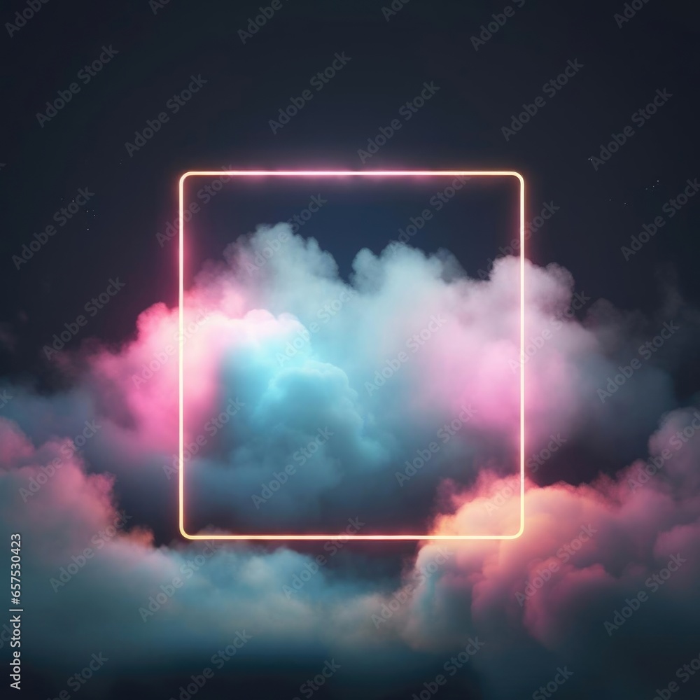 Poster neon rectangle frame with smoke. rectangular glowing border with magic light among soft clouds. purp