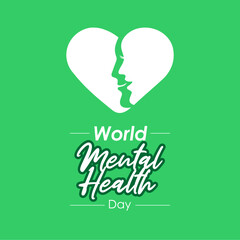 
World Mental Health Day Vector Illustration. Simple design template with illustration of a heart shape which is a combination of 2 silhouettes of happy male and female faces. For banner, cards etc.