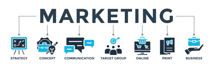 Marketing banner web icon vector illustration concept with icon of strategy, concept, communication, target group, online, print and business