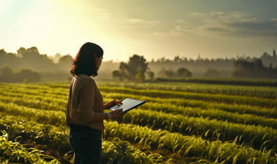 Female farmer working with a digital tablet in the field using modern agricultural application. Concept of digital agrarian technologies, new agriculture practices, smart farming and quality control