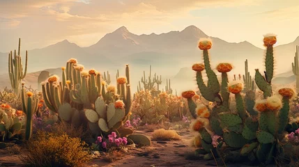 Muurstickers A surreal blend of fog and blooming cacti in a desert landscape. Palette: Earthy browns, vibrant greens, and misty whites © Filip