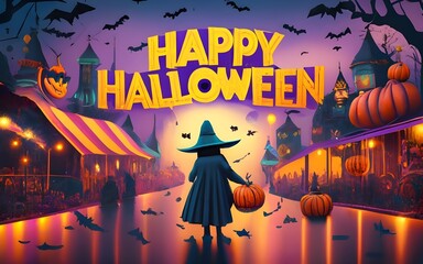 The name "happy halloween" background with a spectral carnival that comes to life at midnight, with ghostly rides spinning in a ghostly mist and ethereal laughter echoing through the fairground
