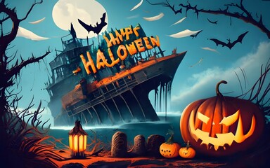 The name "happy halloween" background with Bring to life a haunted shipwreck on a moonlit shore, where ghostly sailors roam the decks, their tattered clothes fluttering in the ghostly breeze
