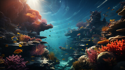 Fototapeta na wymiar underwater scene with colorful fish, coral reef and fish