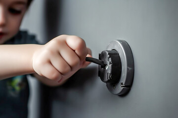 Fototapeta premium A child plays with a socket at home. Danger for the baby at home. Electric shock to a child.