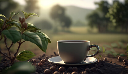 A cup of hot coffee from organic coffee beans on a plantation background. Generative AI