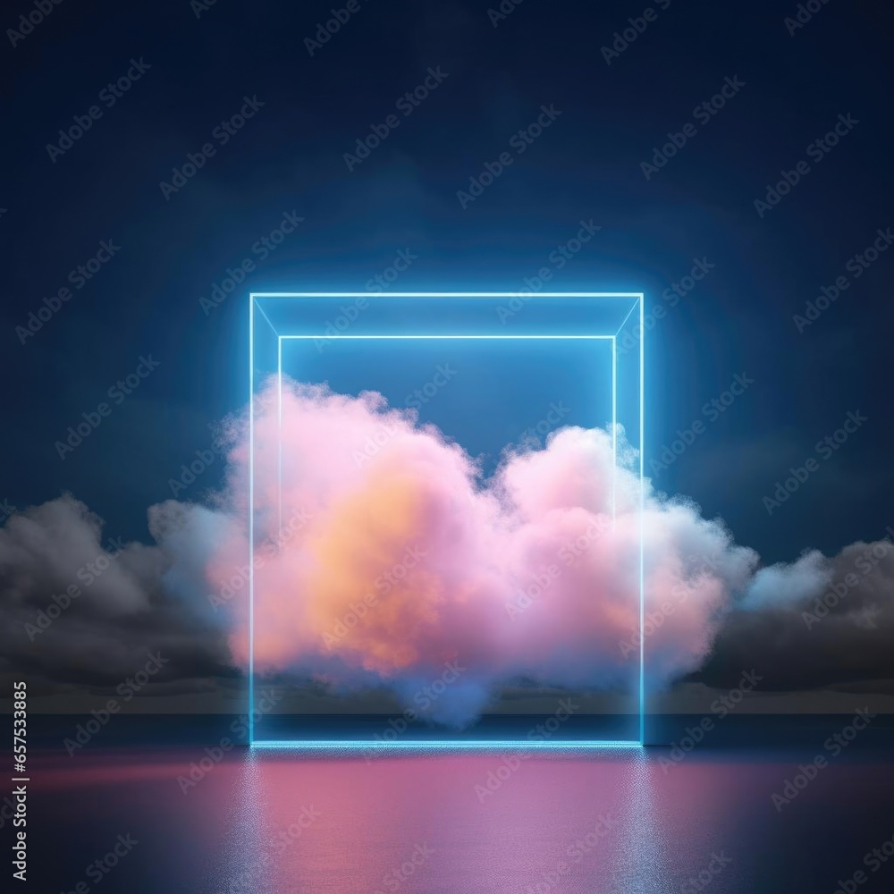 Aufkleber neon rectangular frame with smoke on water surface. rectangle glowing frame with magic light among s