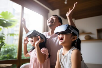 Happy Asian family using virtual reality headsets with their children at home.
