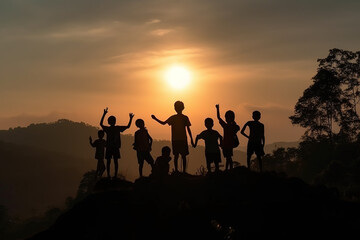 Fototapeta na wymiar Silhouettes of children jumping and standing lined up on the mountain