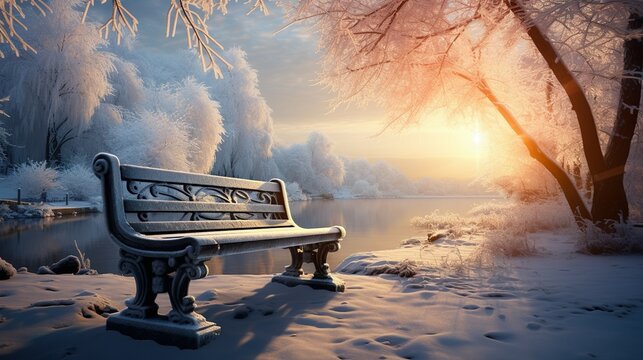 Winter in the forest with snowy bench in December, sunset, snow, nowflakes and sunbeam