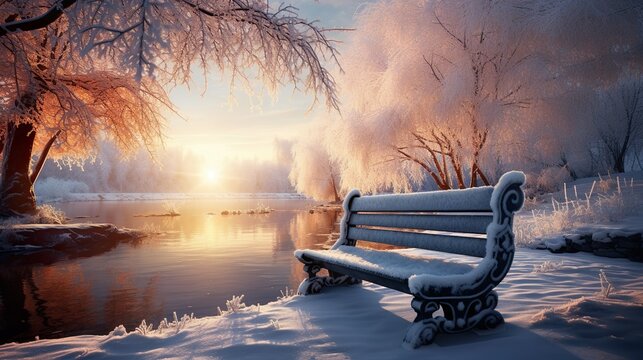 Winter in the forest with snowy bench in December, sunset, snow, nowflakes and sunbeam