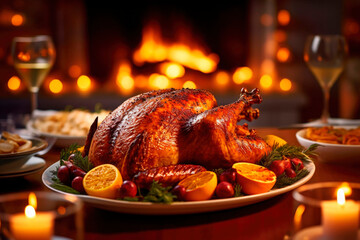 Roasted turkey on festive dinner table at Thanksgiving Day